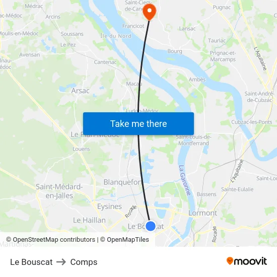 Le Bouscat to Comps map