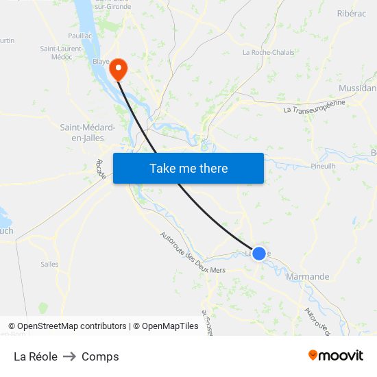 La Réole to Comps map