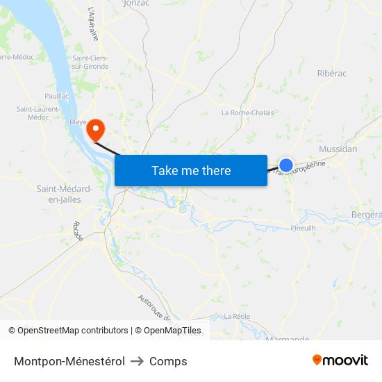Montpon-Ménestérol to Comps map