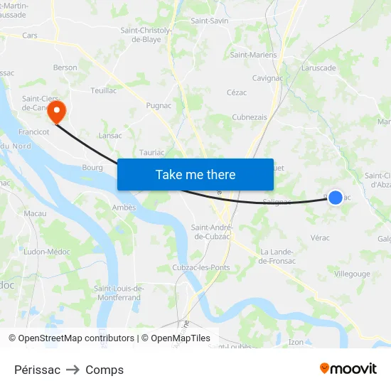 Périssac to Comps map