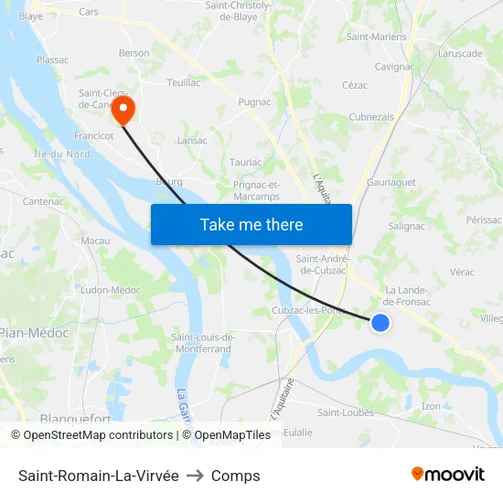Saint-Romain-La-Virvée to Comps map