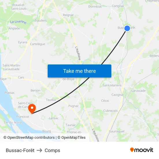 Bussac-Forêt to Comps map