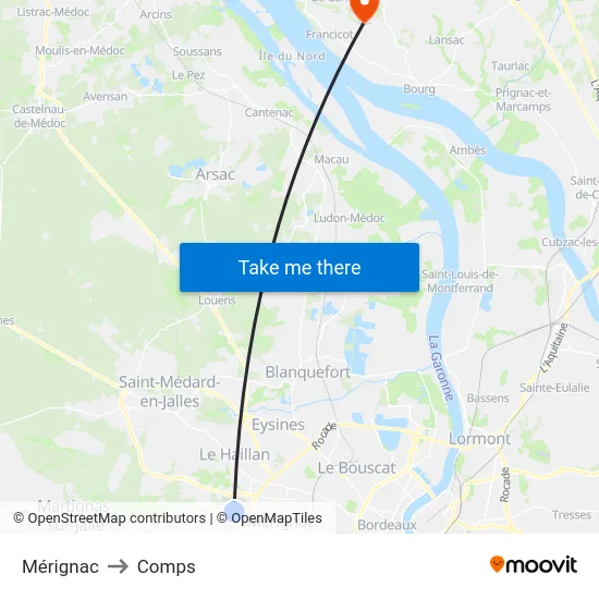 Mérignac to Comps map