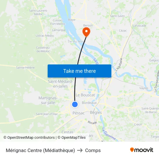 Mérignac Centre (Médiathèque) to Comps map