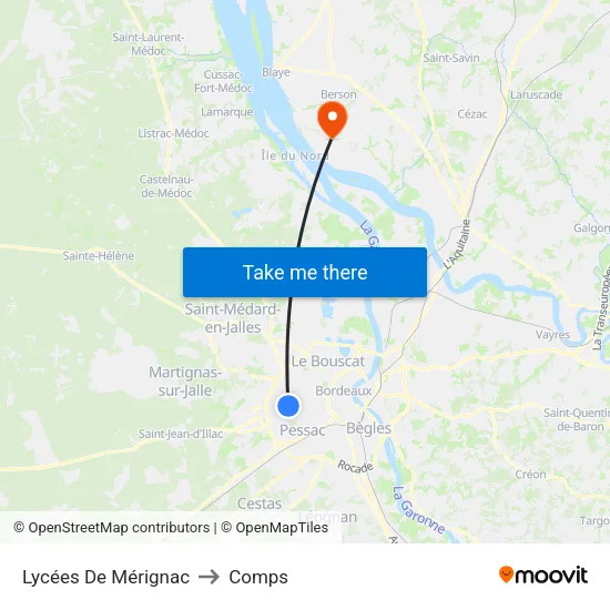 Lycées De Mérignac to Comps map