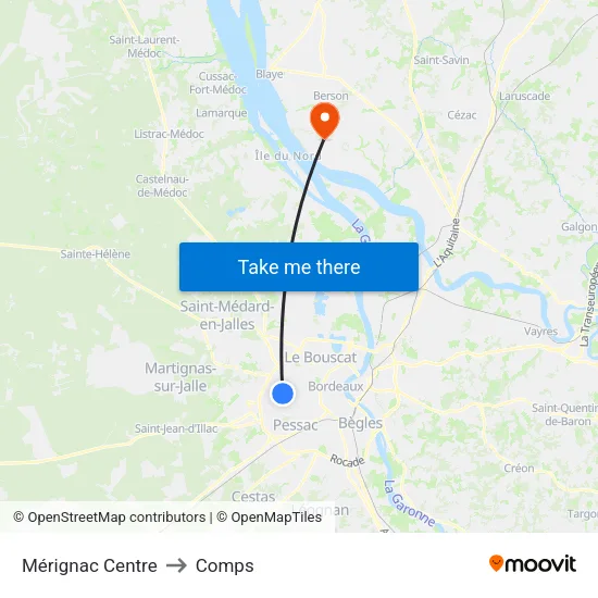 Mérignac Centre to Comps map