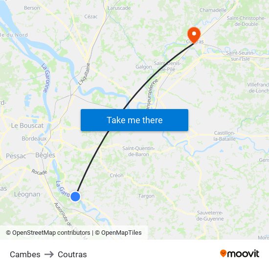 Cambes to Coutras map