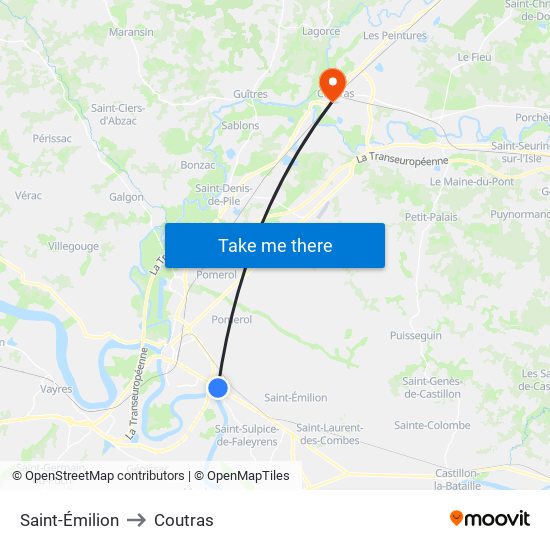 Saint-Émilion to Coutras map