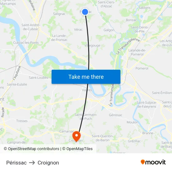 Périssac to Croignon map
