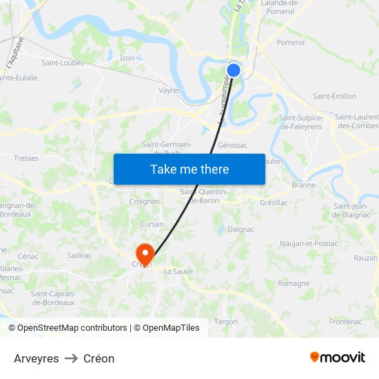 Arveyres to Créon map