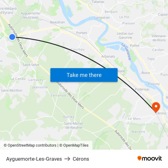 Ayguemorte-Les-Graves to Cérons map