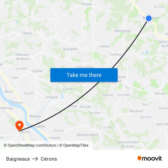 Baigneaux to Cérons map