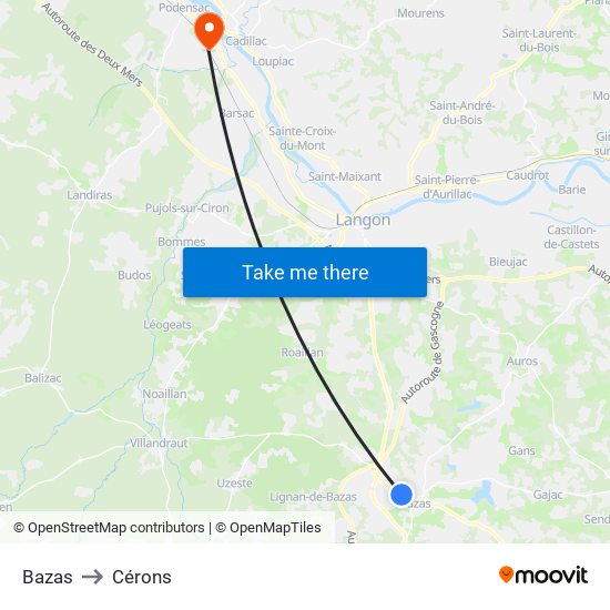 Bazas to Cérons map