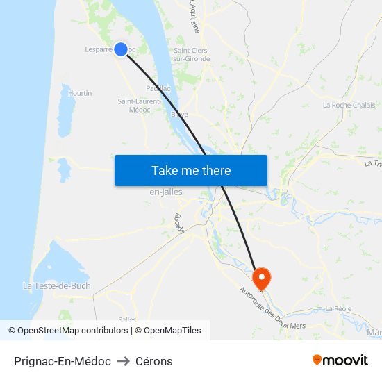 Prignac-En-Médoc to Cérons map