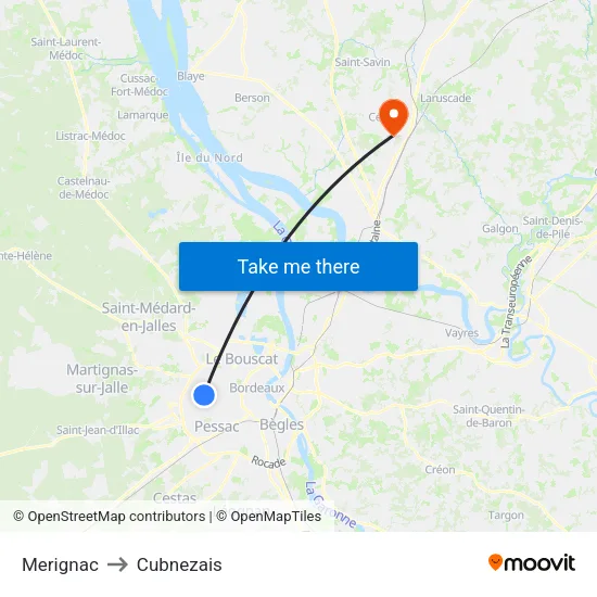 Merignac to Cubnezais map