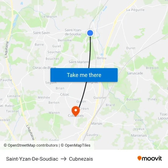 Saint-Yzan-De-Soudiac to Cubnezais map