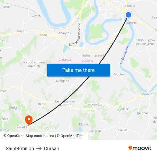 Saint-Émilion to Cursan map