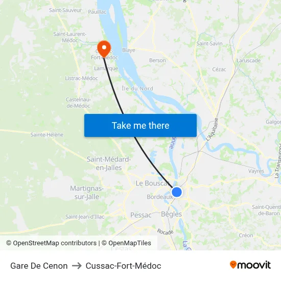 Gare De Cenon to Cussac-Fort-Médoc map