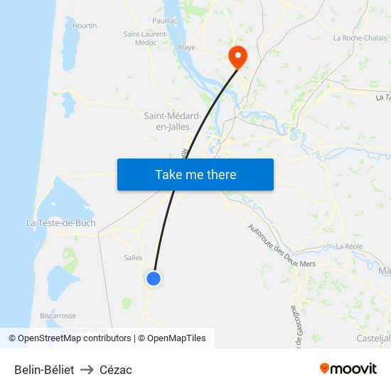 Belin-Béliet to Cézac map