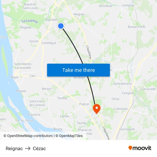 Reignac to Cézac map