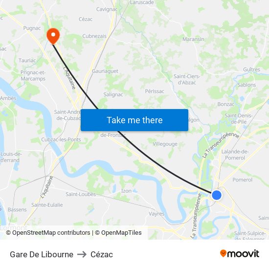 Gare De Libourne to Cézac map