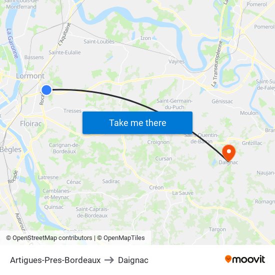 Artigues-Pres-Bordeaux to Daignac map