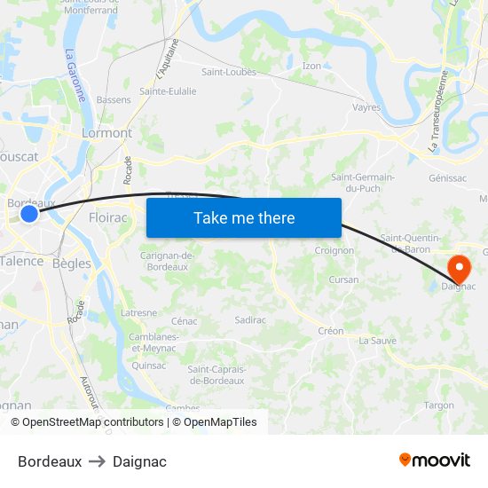 Bordeaux to Daignac map