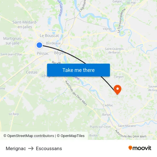 Merignac to Escoussans map