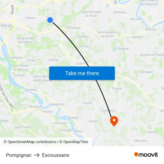 Pompignac to Escoussans map