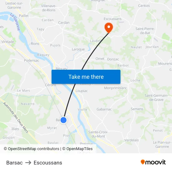Barsac to Escoussans map