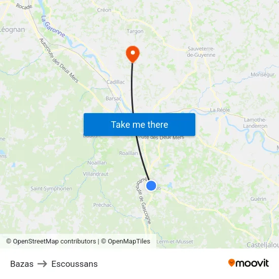 Bazas to Escoussans map