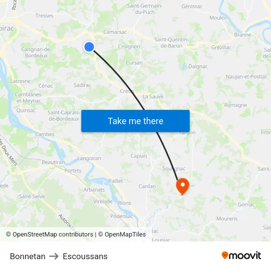 Bonnetan to Escoussans map