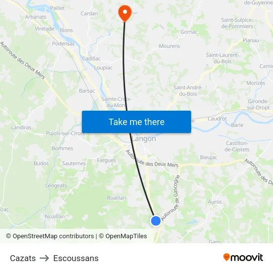 Cazats to Escoussans map
