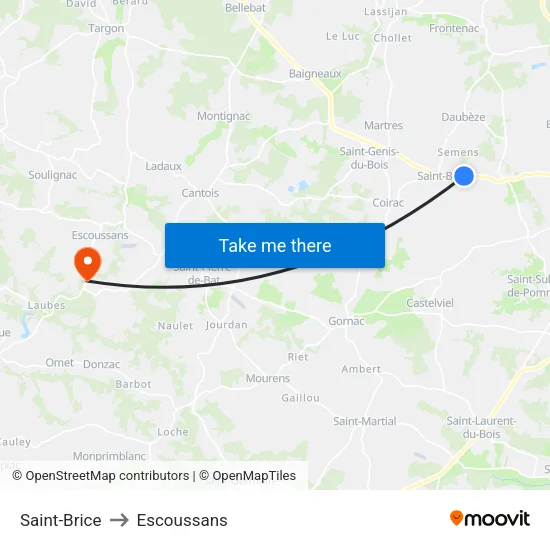 Saint-Brice to Escoussans map