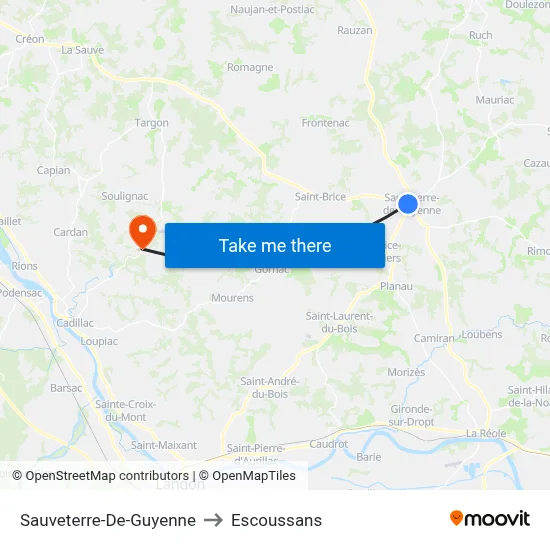Sauveterre-De-Guyenne to Escoussans map