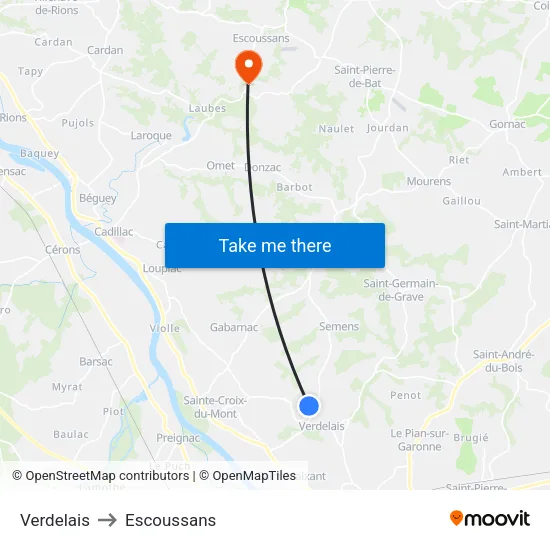 Verdelais to Escoussans map
