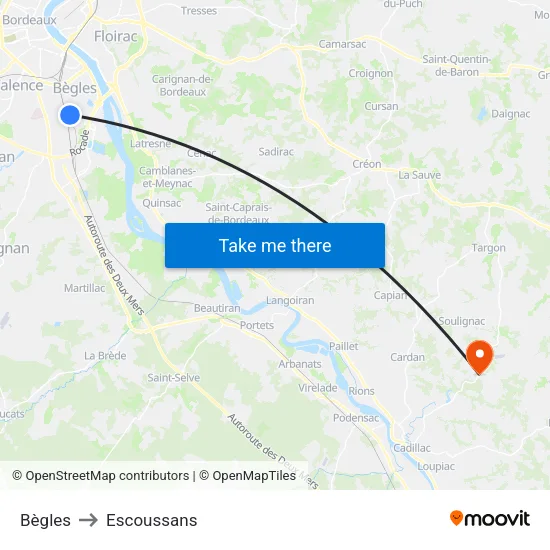 Bègles to Escoussans map