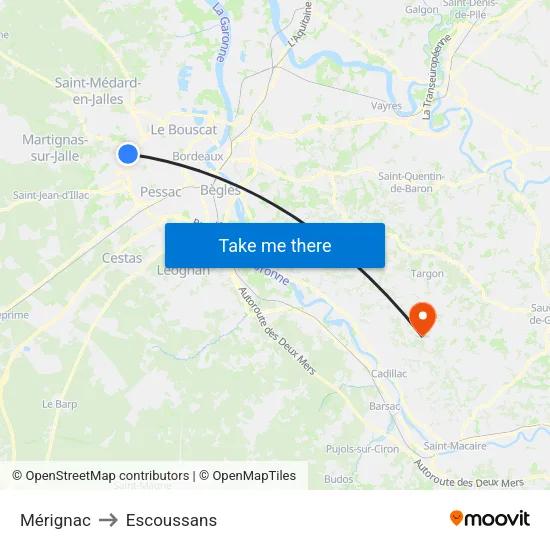 Mérignac to Escoussans map