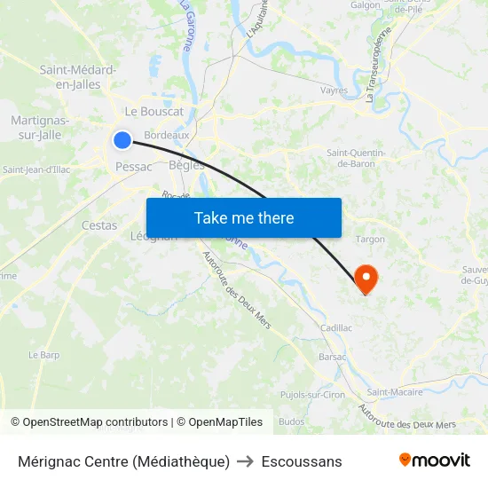 Mérignac Centre (Médiathèque) to Escoussans map