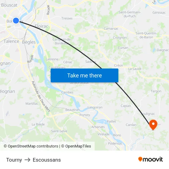Tourny to Escoussans map