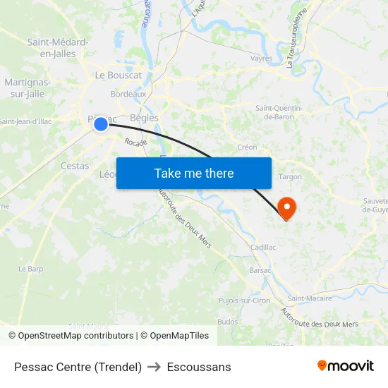 Pessac Centre (Trendel) to Escoussans map