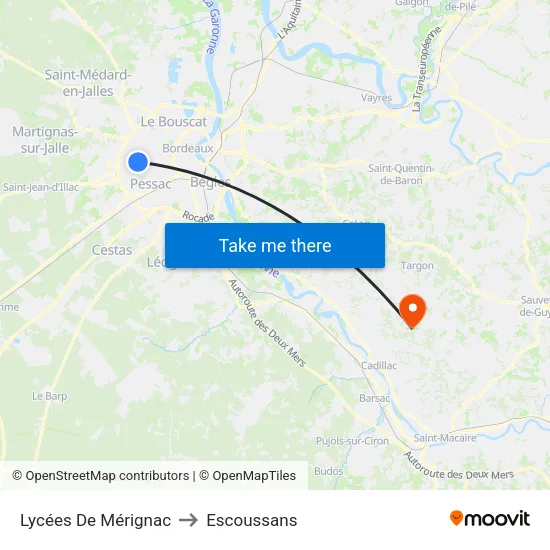 Lycées De Mérignac to Escoussans map
