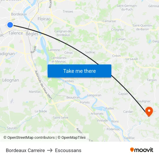 Bordeaux Carreire to Escoussans map