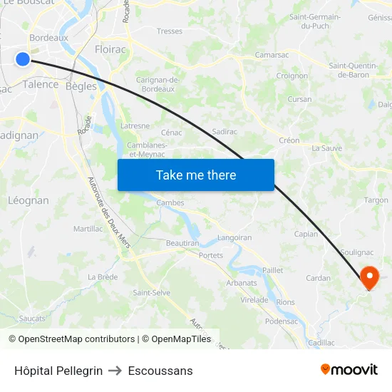 Hôpital Pellegrin to Escoussans map