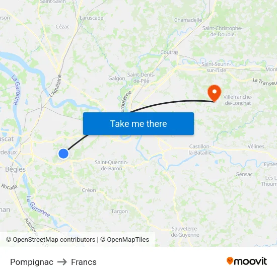 Pompignac to Francs map