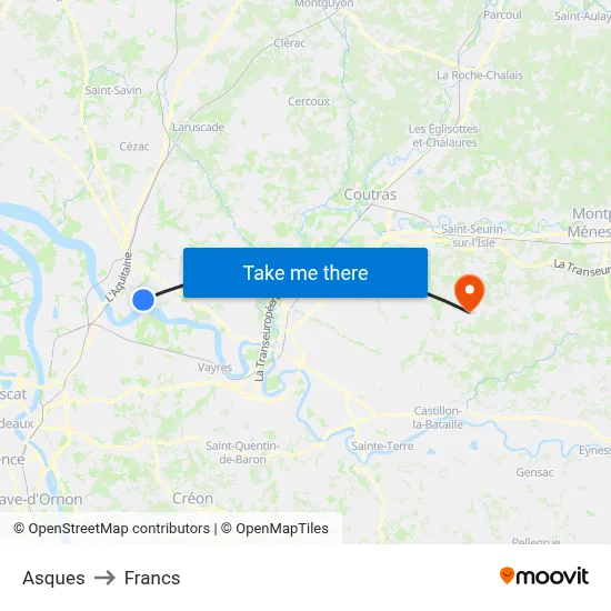 Asques to Francs map
