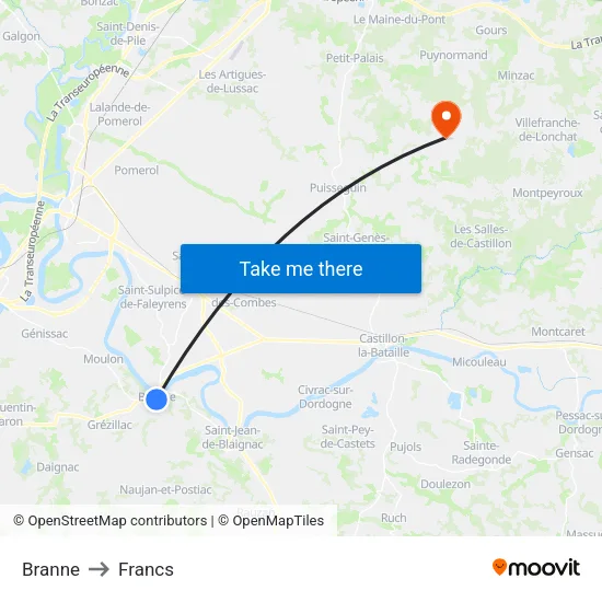 Branne to Francs map