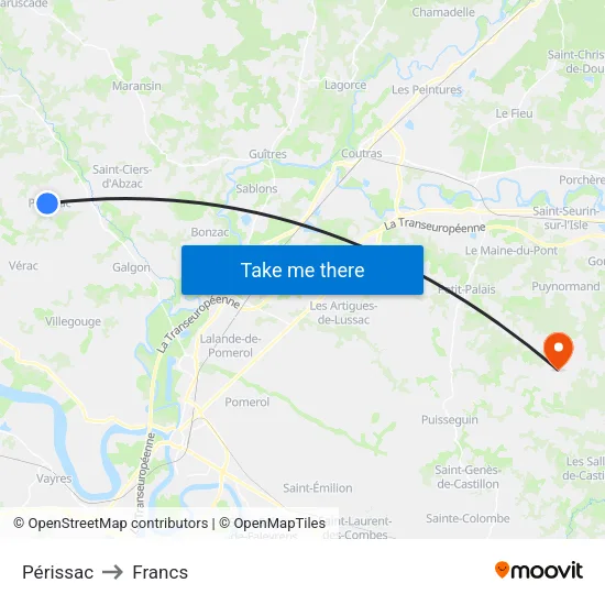 Périssac to Francs map