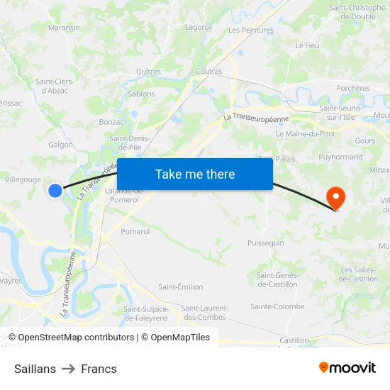 Saillans to Francs map