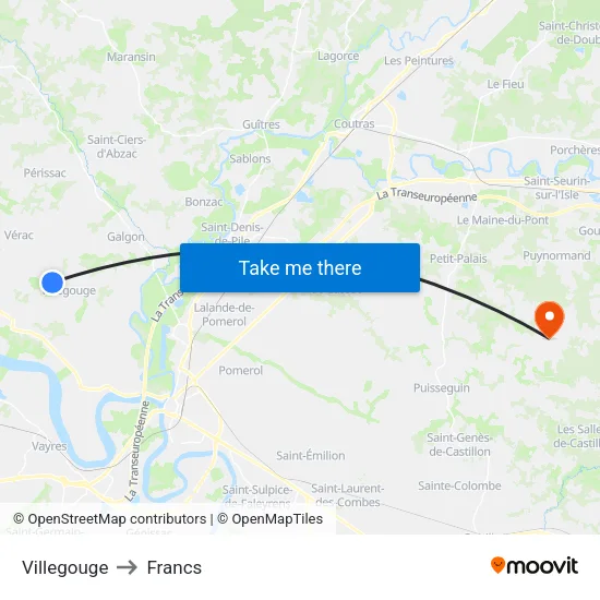 Villegouge to Francs map